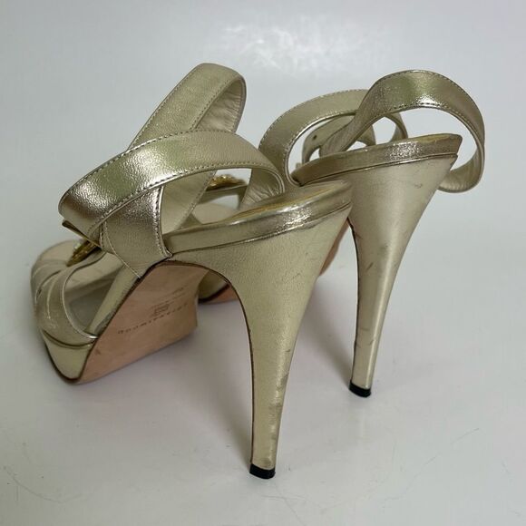 Brian Atwood Crystal Embellished High Heels Metallic Gold Ankle Strap Italy 38 8 - Picture 7 of 12